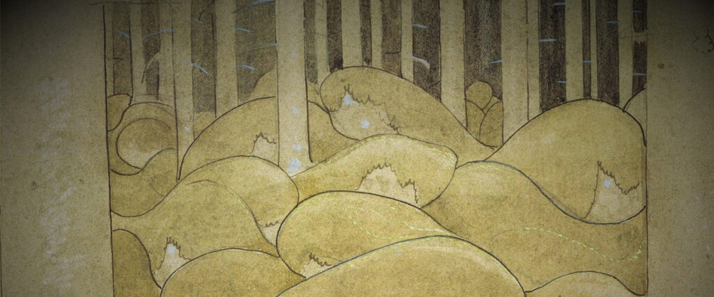 Utsnitt av granskog från målning av John Bauer.