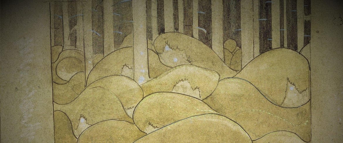 Utsnitt av granskog från målning av John Bauer.