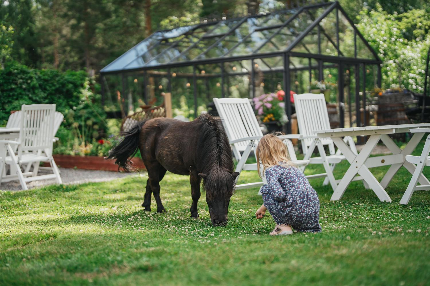Barn och ponny i trädgården hos Jössgården